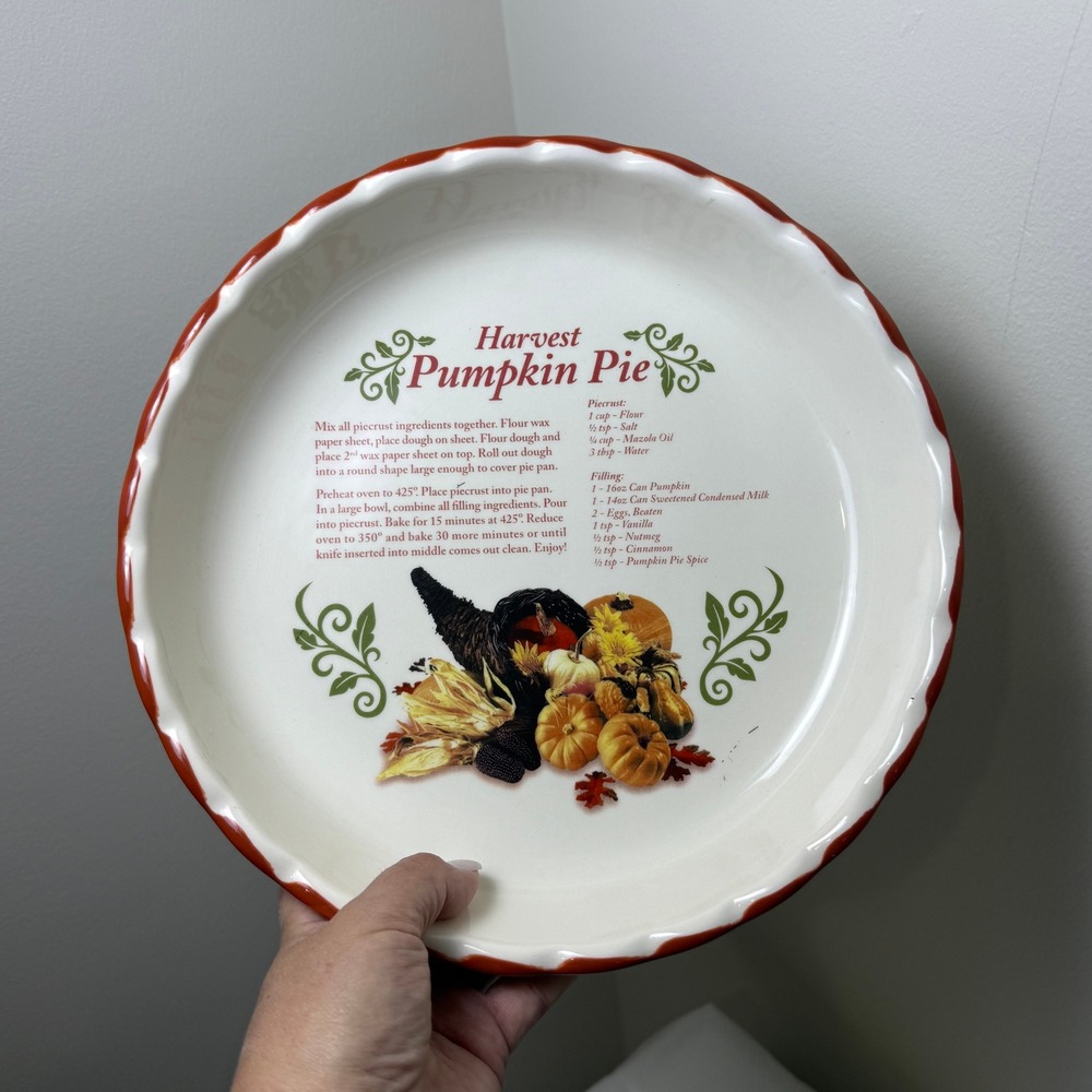 Harvest Pumpkin Pie Recipe Ceramic Pie Plate 12" Cornucopia Fall Cottage